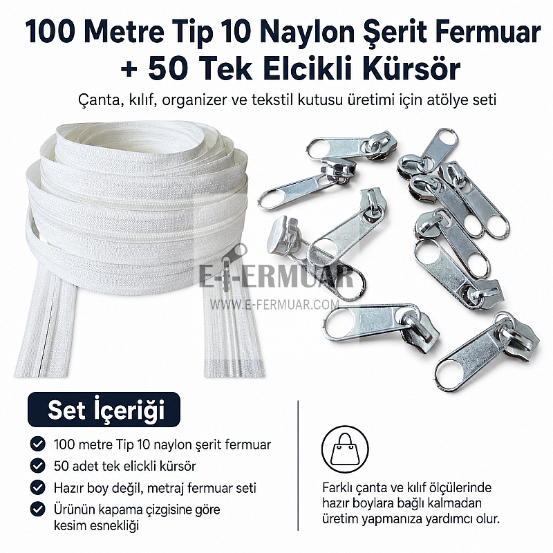 Atölyeler İçin Tip 10 Naylon Şerit Fermuar Orta Seviye Seti – 100 Metre + 50 Tek Elcikli Kürsör ST-T10T-NAYLON-100M50C