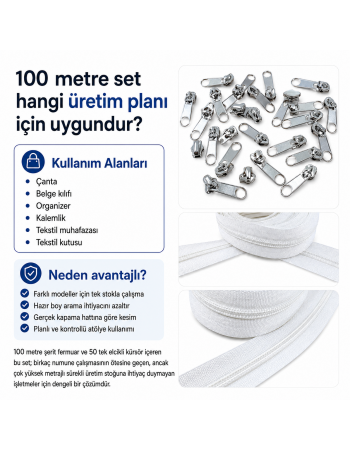 Atölyeler İçin Tip 10 Naylon Şerit Fermuar Orta Seviye Seti – 100 Metre + 50 Tek Elcikli Kürsör ST-T10T-NAYLON-100M50C