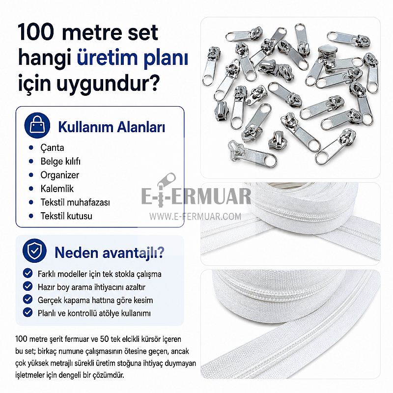 Atölyeler İçin Tip 10 Naylon Şerit Fermuar Orta Seviye Seti – 100 Metre + 50 Tek Elcikli Kürsör ST-T10T-NAYLON-100M50C