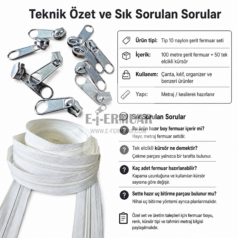 Atölyeler İçin Tip 10 Naylon Şerit Fermuar Orta Seviye Seti – 100 Metre + 50 Tek Elcikli Kürsör ST-T10T-NAYLON-100M50C
