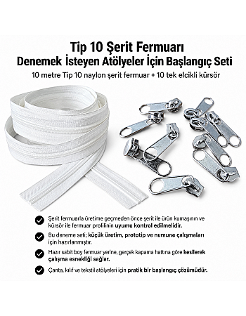Atölyeler İçin Tip 10 Naylon Şerit Fermuar Deneme Seti – 10 Metre + 10 Tek Elcikli Kürsör ST-T10T-NAYLON-10M10C
