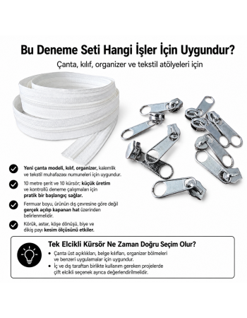 Atölyeler İçin Tip 10 Naylon Şerit Fermuar Deneme Seti – 10 Metre + 10 Tek Elcikli Kürsör ST-T10T-NAYLON-10M10C