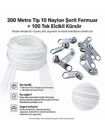 Atölyeler İçin Tip 10 Naylon Şerit Fermuar Orta Seviye Seti – 200 Metre + 100 Tek Elcikli Kürsör ST-T10T-NAYLON-200M100C