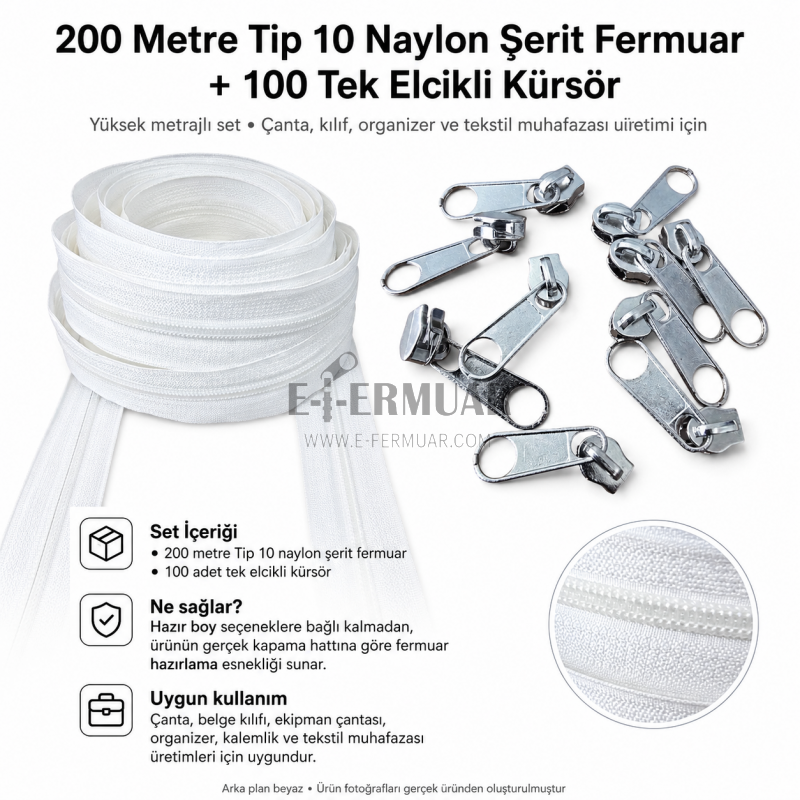 Atölyeler İçin Tip 10 Naylon Şerit Fermuar Orta Seviye Seti – 200 Metre + 100 Tek Elcikli Kürsör ST-T10T-NAYLON-200M100C