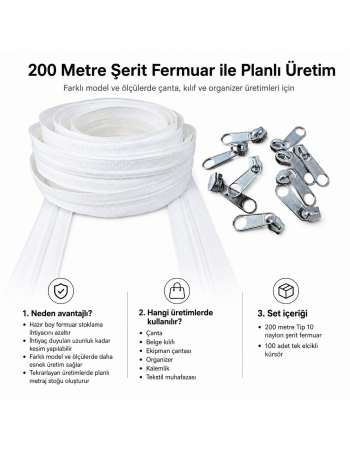 Atölyeler İçin Tip 10 Naylon Şerit Fermuar Orta Seviye Seti – 200 Metre + 100 Tek Elcikli Kürsör ST-T10T-NAYLON-200M100C