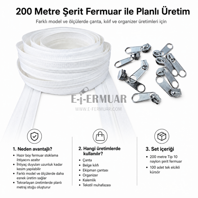 Atölyeler İçin Tip 10 Naylon Şerit Fermuar Orta Seviye Seti – 200 Metre + 100 Tek Elcikli Kürsör ST-T10T-NAYLON-200M100C