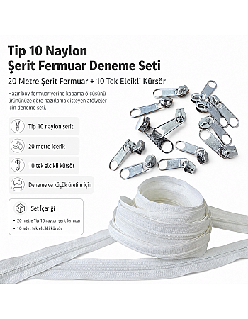 Atölyeler İçin Tip 10 Naylon Şerit Fermuar Deneme Seti – 20 Metre + 10 Tek Elcikli Kürsör ST-T10T-NAYLON-20M10C
