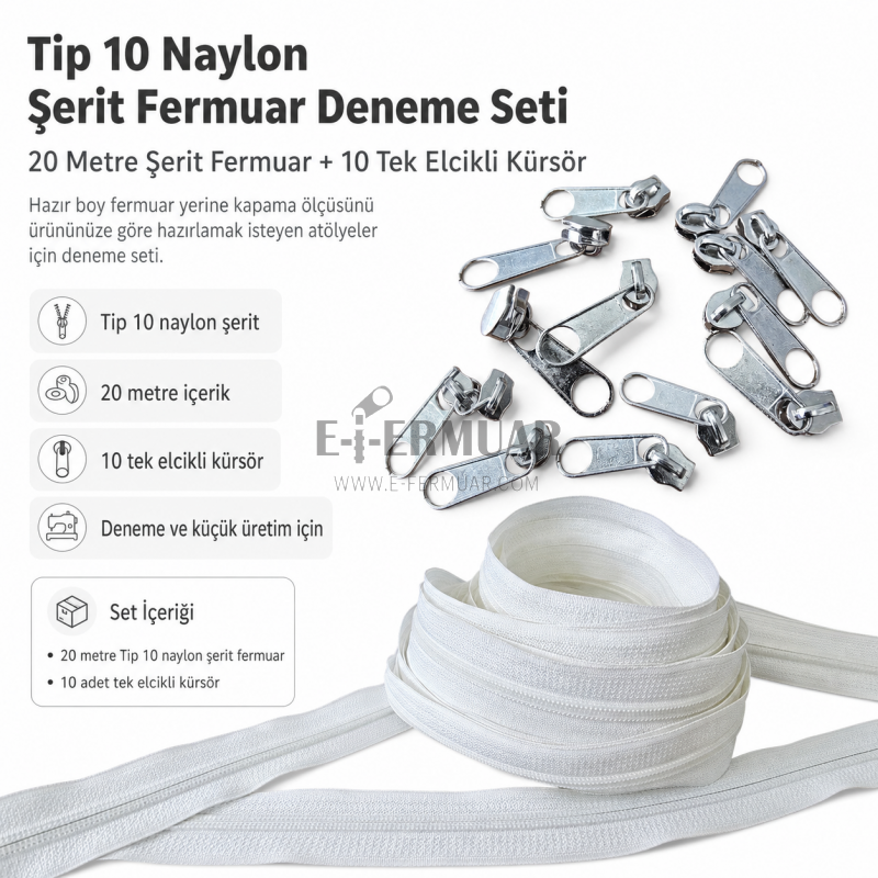 Atölyeler İçin Tip 10 Naylon Şerit Fermuar Deneme Seti – 20 Metre + 10 Tek Elcikli Kürsör ST-T10T-NAYLON-20M10C