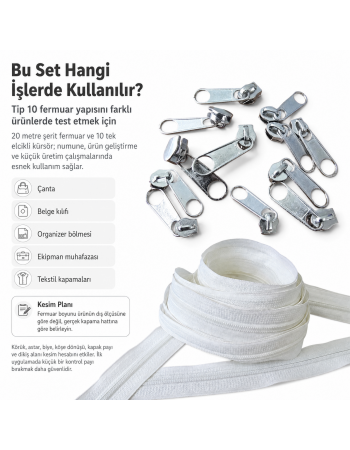 Atölyeler İçin Tip 10 Naylon Şerit Fermuar Deneme Seti – 20 Metre + 10 Tek Elcikli Kürsör ST-T10T-NAYLON-20M10C