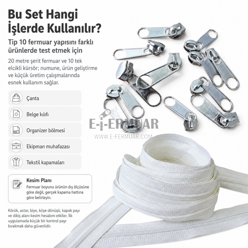 Atölyeler İçin Tip 10 Naylon Şerit Fermuar Deneme Seti – 20 Metre + 10 Tek Elcikli Kürsör ST-T10T-NAYLON-20M10C