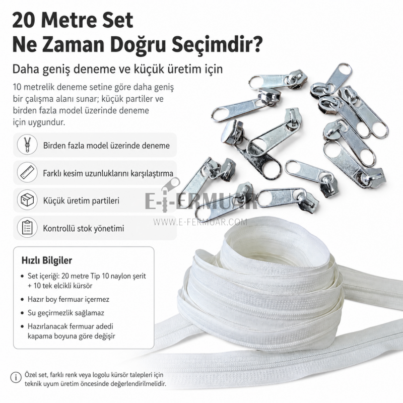 Atölyeler İçin Tip 10 Naylon Şerit Fermuar Deneme Seti – 20 Metre + 10 Tek Elcikli Kürsör ST-T10T-NAYLON-20M10C