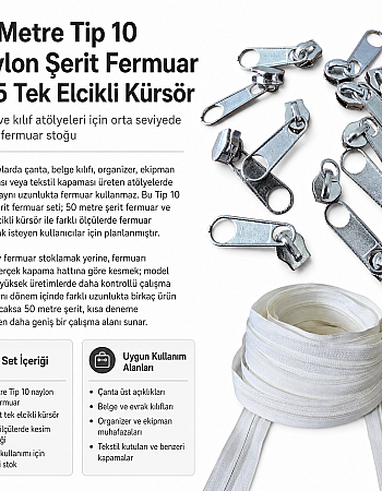 Atölyeler İçin Tip 10 Naylon Şerit Fermuar Orta Seviye Seti – 50 Metre + 25 Tek Elcikli Kürsör ST-T10T-NAYLON-50M25C