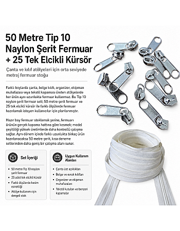 Atölyeler İçin Tip 10 Naylon Şerit Fermuar Orta Seviye Seti – 50 Metre + 25 Tek Elcikli Kürsör ST-T10T-NAYLON-50M25C