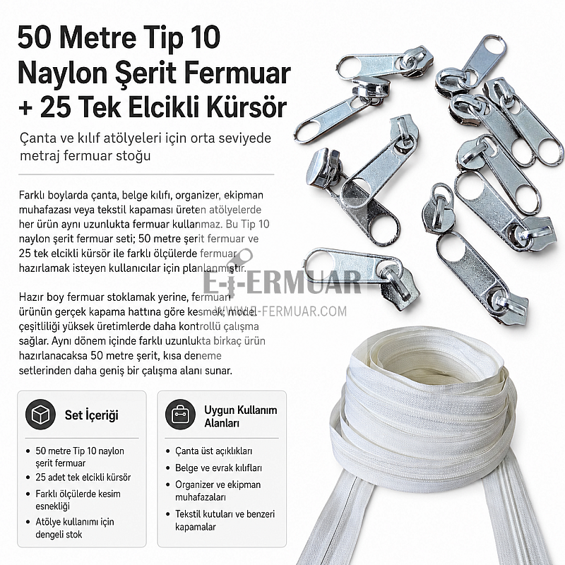 Atölyeler İçin Tip 10 Naylon Şerit Fermuar Orta Seviye – 50 Metre + 25 Tek Elcikli Kürsör ST-T10T-NAYLON-50M25C