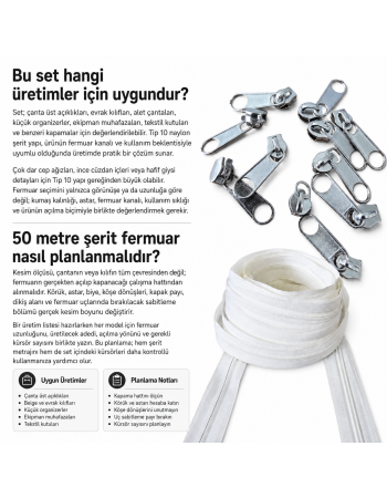 Atölyeler İçin Tip 10 Naylon Şerit Fermuar Orta Seviye Seti – 50 Metre + 25 Tek Elcikli Kürsör ST-T10T-NAYLON-50M25C