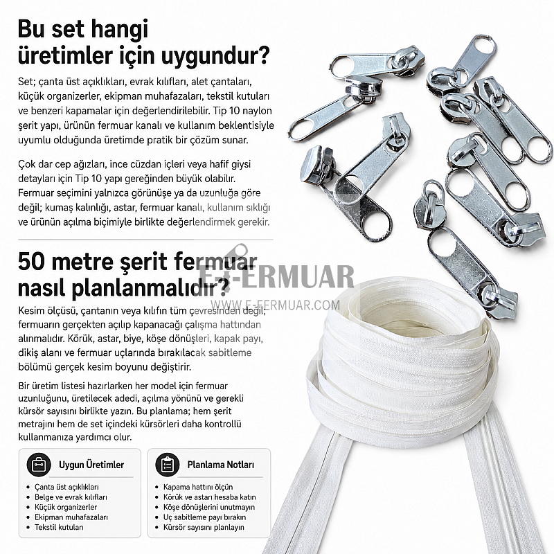 Atölyeler İçin Tip 10 Naylon Şerit Fermuar Orta Seviye – 50 Metre + 25 Tek Elcikli Kürsör ST-T10T-NAYLON-50M25C