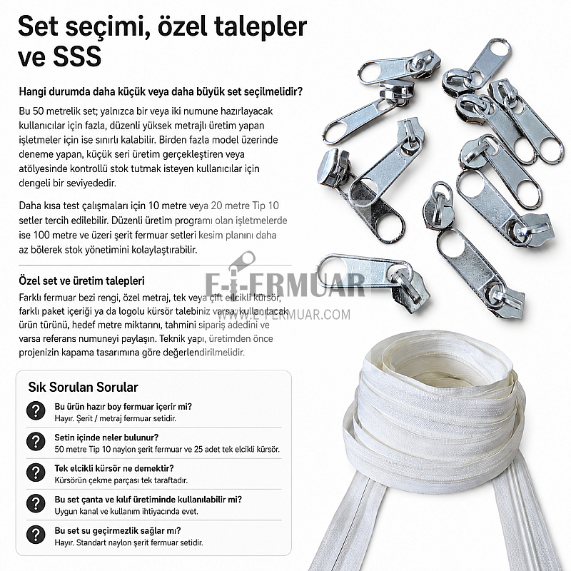 Atölyeler İçin Tip 10 Naylon Şerit Fermuar Orta Seviye – 50 Metre + 25 Tek Elcikli Kürsör ST-T10T-NAYLON-50M25C