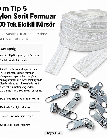 Kırlent ve Yastık Kılıfları İçin Tip 5 Naylon Şerit Fermuar Orta Seviye Seti – 100 Metre + 200 Tek Elcikli Kürsör ST-T5T-NAYLON-100M200K