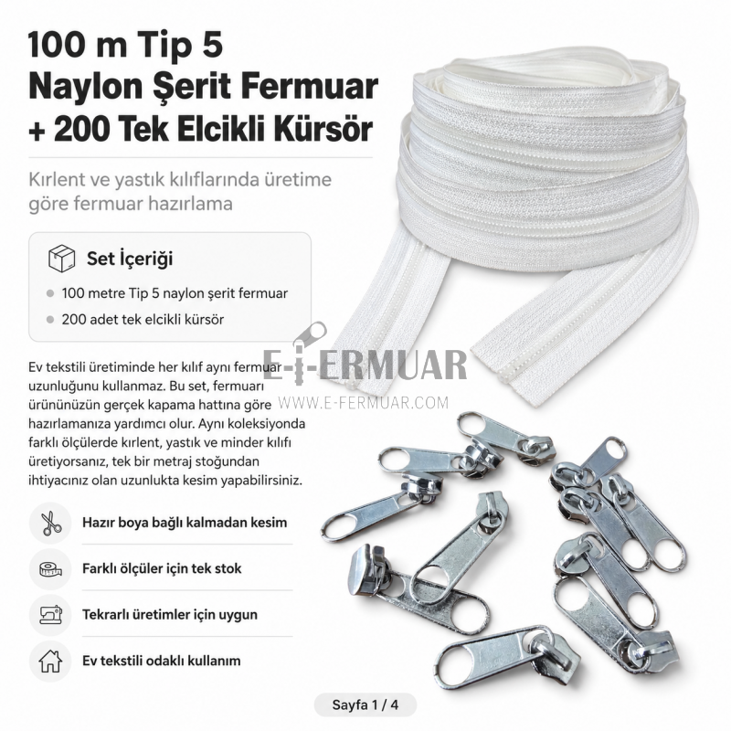 Kırlent ve Yastık Kılıfları İçin Tip 5 Naylon Şerit Fermuar Orta Seviye Seti – 100 Metre + 200 Tek Elcikli Kürsör ST-T5T-NAYLON-100M200K