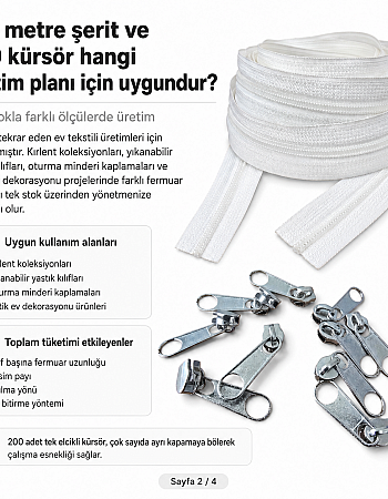 Kırlent ve Yastık Kılıfları İçin Tip 5 Naylon Şerit Fermuar Orta Seviye Seti – 100 Metre + 200 Tek Elcikli Kürsör ST-T5T-NAYLON-100M200K