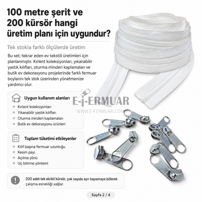 Kırlent ve Yastık Kılıfları İçin Tip 5 Naylon Şerit Fermuar Orta Seviye Seti – 100 Metre + 200 Tek Elcikli Kürsör ST-T5T-NAYLON-100M200K