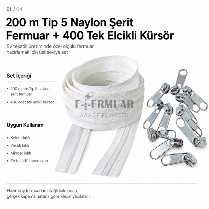 Kırlent ve Yastık Kılıfları İçin Tip 5 Naylon Şerit Fermuar Üst Seviye Seti – 200 Metre + 400 Tek Elcikli Kürsör ST-T5T-NAYLON-200M400K