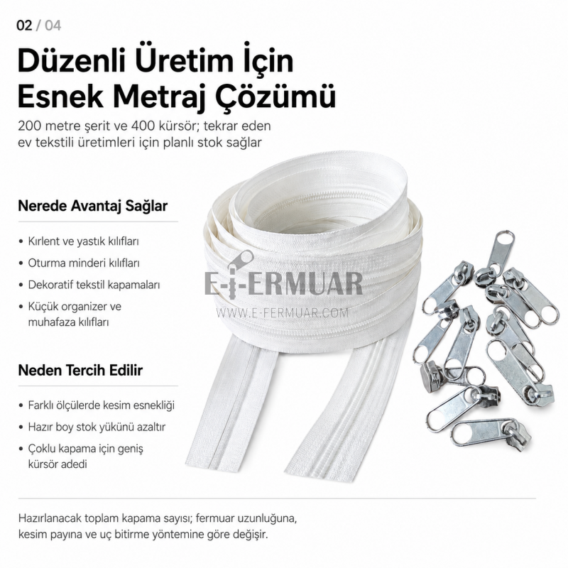 Kırlent ve Yastık Kılıfları İçin Tip 5 Naylon Şerit Fermuar Üst Seviye Seti – 200 Metre + 400 Tek Elcikli Kürsör ST-T5T-NAYLON-200M400K