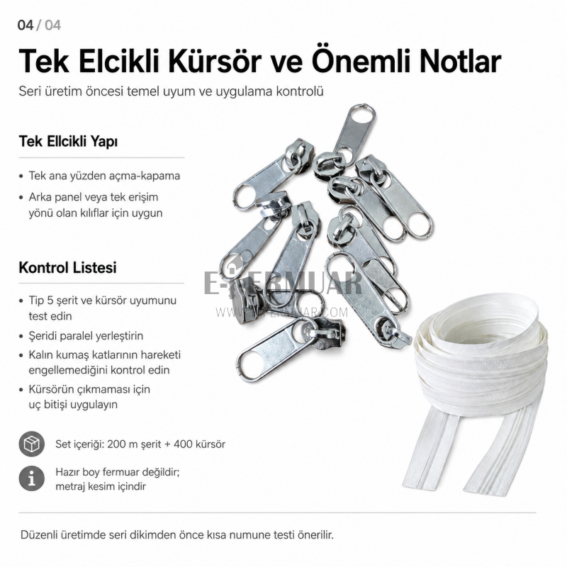 Kırlent ve Yastık Kılıfları İçin Tip 5 Naylon Şerit Fermuar Üst Seviye Seti – 200 Metre + 400 Tek Elcikli Kürsör ST-T5T-NAYLON-200M400K