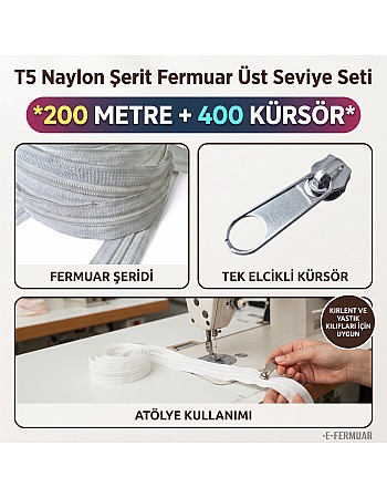 200 Metre T5 Naylon Şerit Fermuar + 400 Tek Elcikli Kürsör Atölye Paketi ST-T5T-NAYLON-200M400K