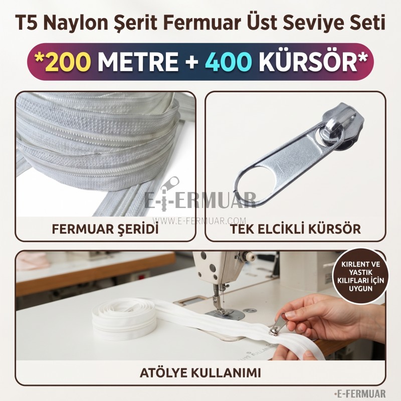 Kırlent ve Yastık Kılıfları İçin Tip 5 Naylon Şerit Fermuar Üst Seviye Seti – 200 Metre + 400 Tek Elcikli Kürsör ST-T5T-NAYLON-200M400K