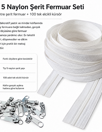 Kırlent ve Yastık Kılıfları İçin Tip 5 Naylon Şerit Fermuar Orta Seviye Seti – 50 Metre + 100 Tek Elcikli Kürsör ST-T5T-NAYLON-50M100K