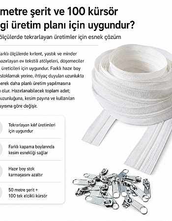 Kırlent ve Yastık Kılıfları İçin Tip 5 Naylon Şerit Fermuar Orta Seviye Seti – 50 Metre + 100 Tek Elcikli Kürsör ST-T5T-NAYLON-50M100K
