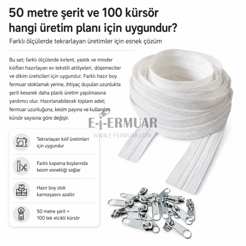 Kırlent ve Yastık Kılıfları İçin Tip 5 Naylon Şerit Fermuar Orta Seviye Seti – 50 Metre + 100 Tek Elcikli Kürsör ST-T5T-NAYLON-50M100K