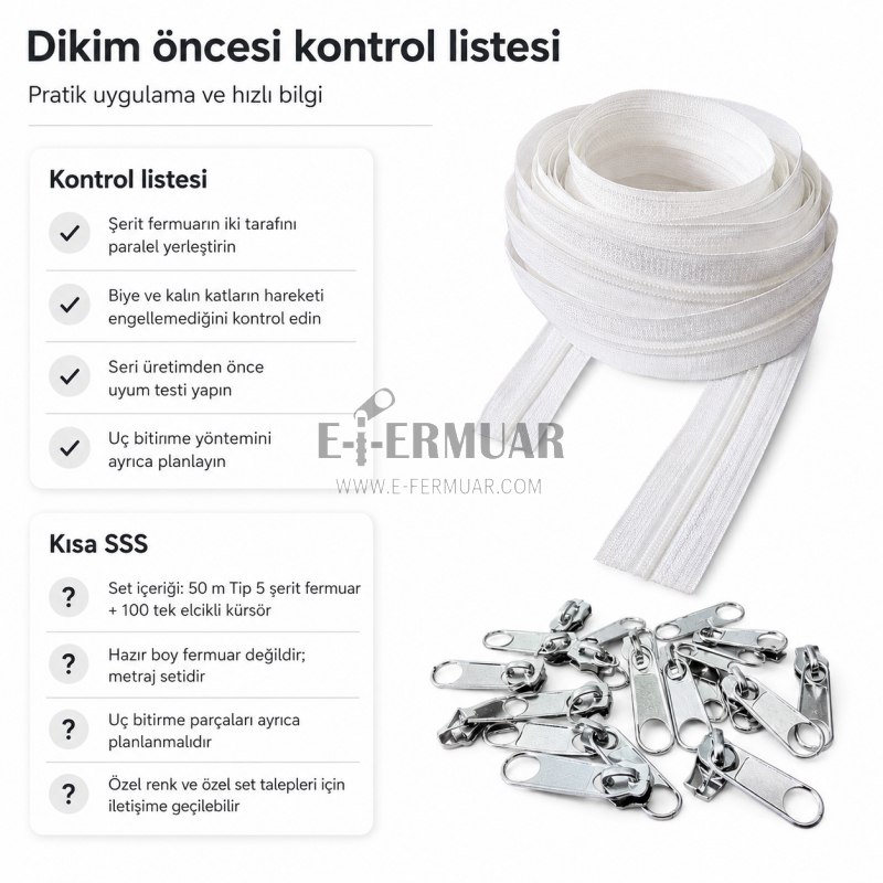 Kırlent ve Yastık Kılıfları İçin Tip 5 Naylon Şerit Fermuar Orta Seviye Seti – 50 Metre + 100 Tek Elcikli Kürsör ST-T5T-NAYLON-50M100K