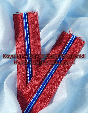Canlı Kırmızı bez renkli Koyu Mavi Beyaz Çizgili Diş Renkli Naylon Şerit Fermuar T5 - SRTNYLCBT5