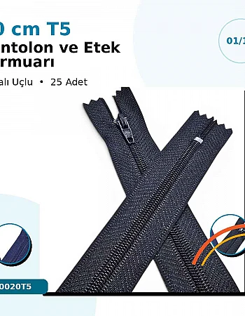 Pantolon ve Etek Fermuarı Naylon 20 cm T5 Kapalı Uçlu 25 Adet NC0020T5