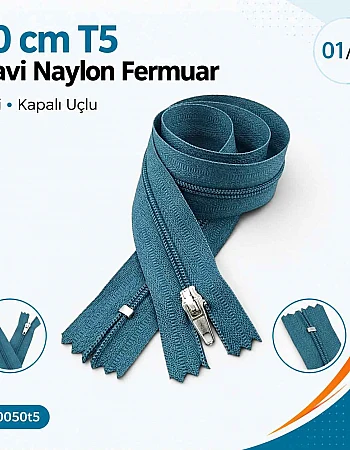 50 cm T5 Mavi Naylon Dipli Fermuar – Cep ve Çanta Fermuarı ZP0050t5M