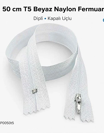 50 cm T5 Beyaz Naylon Dipli Fermuar – Cep ve Çanta Fermuarı ZP0050t5B