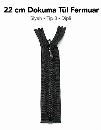 22 cm Siyah Dokuma Tül Dipli Gizli Fermuar – Elbise, Etek ve Abiye Fermuarı ZPG0022DKM