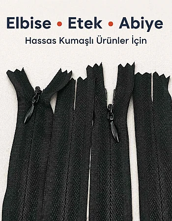 22 cm Siyah Dokuma Tül Dipli Gizli Fermuar – Elbise, Etek ve Abiye Fermuarı ZPG0022DKM