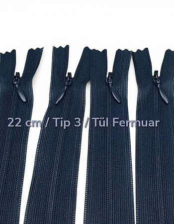 22 cm Tül Şeritli Gizli Fermuar | Elbise, Etek ve İç Cep İçin | ZPHSN0022TUL