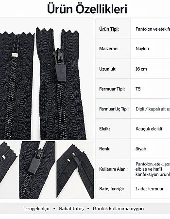 16 Cm Özel Elcikli Naylon Cep Fermuarı Dipli -  NC0016T5Ö