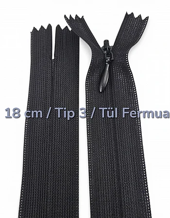 18 cm Tül Şeritli Dipli Gizli Fermuar Tip 3 | Elbise ve Etek İçin | NC0018TUL