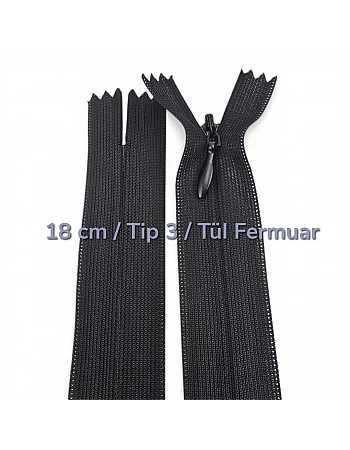 18 cm Tül Şeritli Dipli Gizli Fermuar Tip 3 | Elbise ve Etek İçin | NC0018TUL