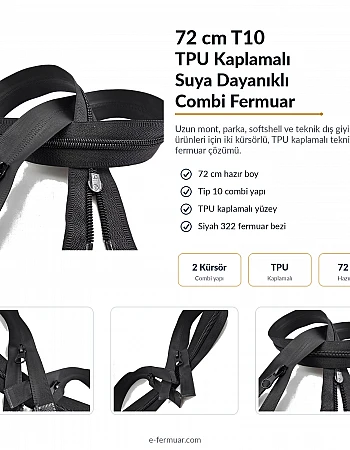 72 cm TPU Su Geçirmez Fermuar Combi | Teknik Dış Giyim ve Ekipman İçin | NC0072SG
