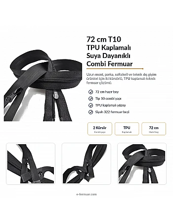 72 cm TPU Su Geçirmez Fermuar Combi | Teknik Dış Giyim ve Ekipman İçin | NC0072SG