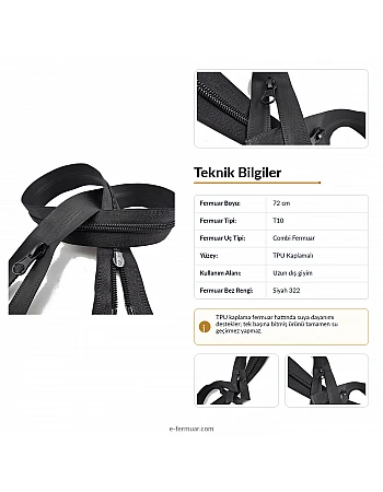 72 cm TPU Su Geçirmez Fermuar Combi | Teknik Dış Giyim ve Ekipman İçin | NC0072SG
