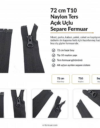72 cm Tip 10 Naylon Mont Fermuarı Açık Uçlu Separe | Mont ve Ceket İçin | NC0072T10