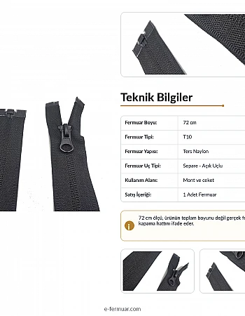 72 cm Tip 10 Naylon Mont Fermuarı Açık Uçlu Separe | Mont ve Ceket İçin | NC0072T10