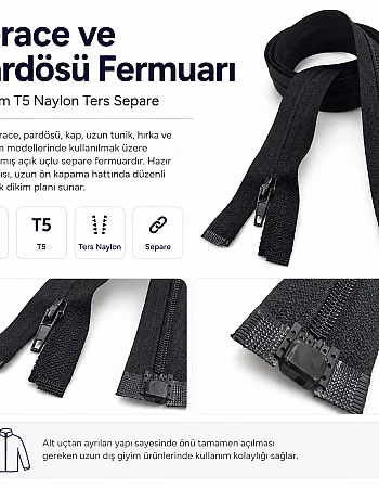 120 cm Naylon Ters Ferace Fermuarı | Uzun Dış Giyim İçin | ZP00120S